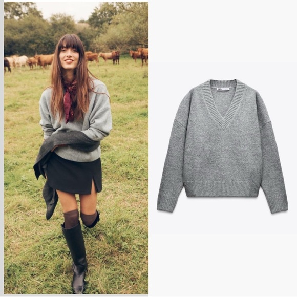 Zara | Heather Gray V-Neck Cozy Pullover Knit Sweater Medium Classic Fall - Picture 1 of 11